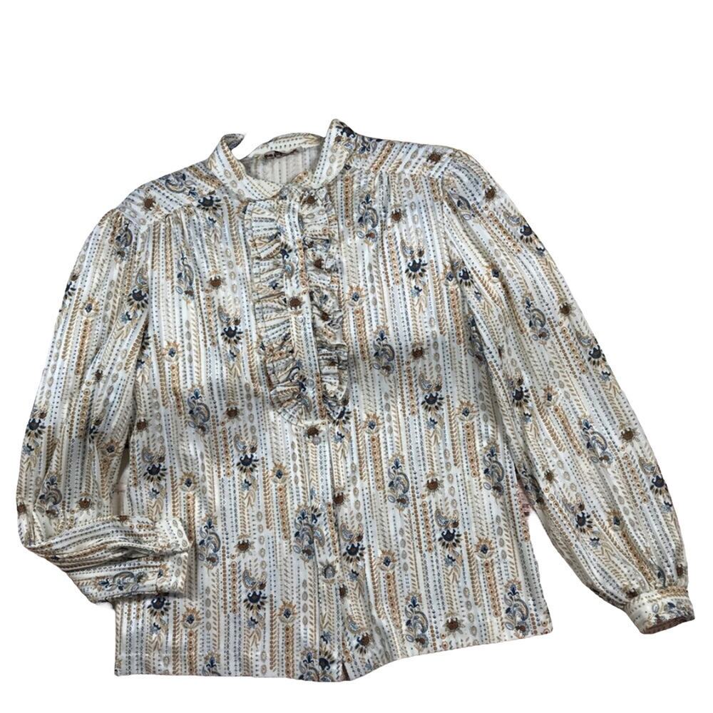 VINTAGE‎ 1970’s cottagecore silky ruffle front blouse paisley , M/L